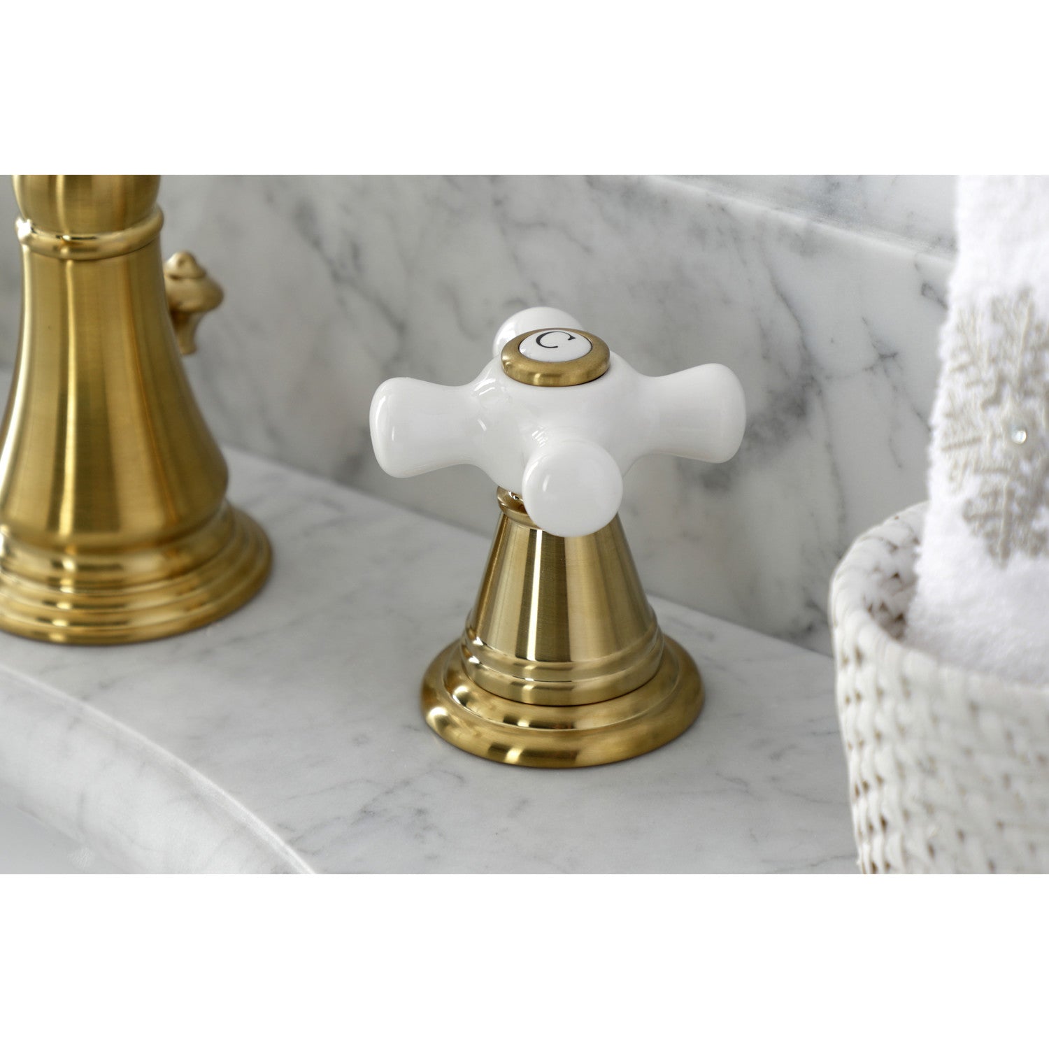 Kingston Heirloom FSC1973APX - American Classic Two-Handle 3-Hole Deck Mount Widespread Bathroom Faucet with Brass Pop-Up, Brushed Brass — thumbnail 3